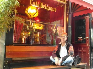 Mark sitting outside the tiny Cafe Belgique, a speciality Belgian beer bar in Amsterdam