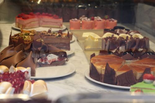 A counter of cakes baked at Chocolatiere Pompadour