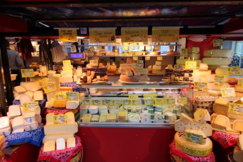 A cheese stall in the street market in Amsterdam East called the Dappermarkt