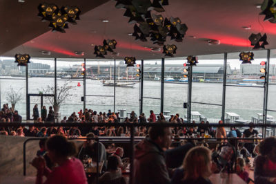 one of the best Amsterdam views is from the cafe at the EYE film museum lookig towards Cemntral Station