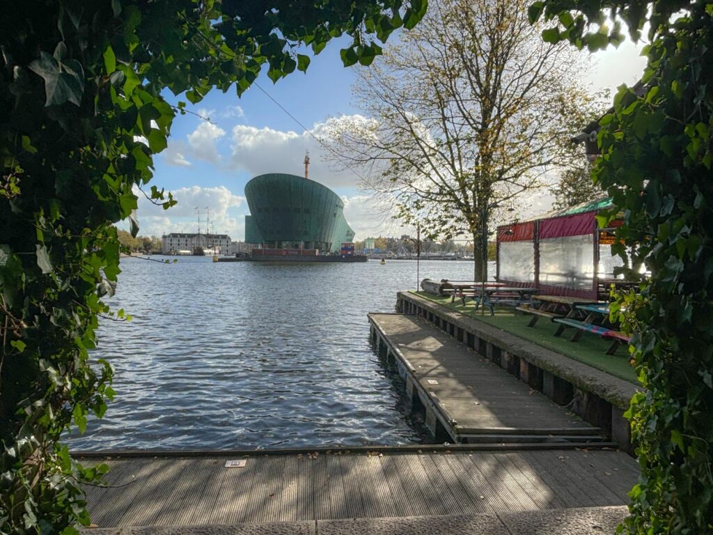 The view towards the Nemo from Amsterdam Terrace cafe Hannekes Boom