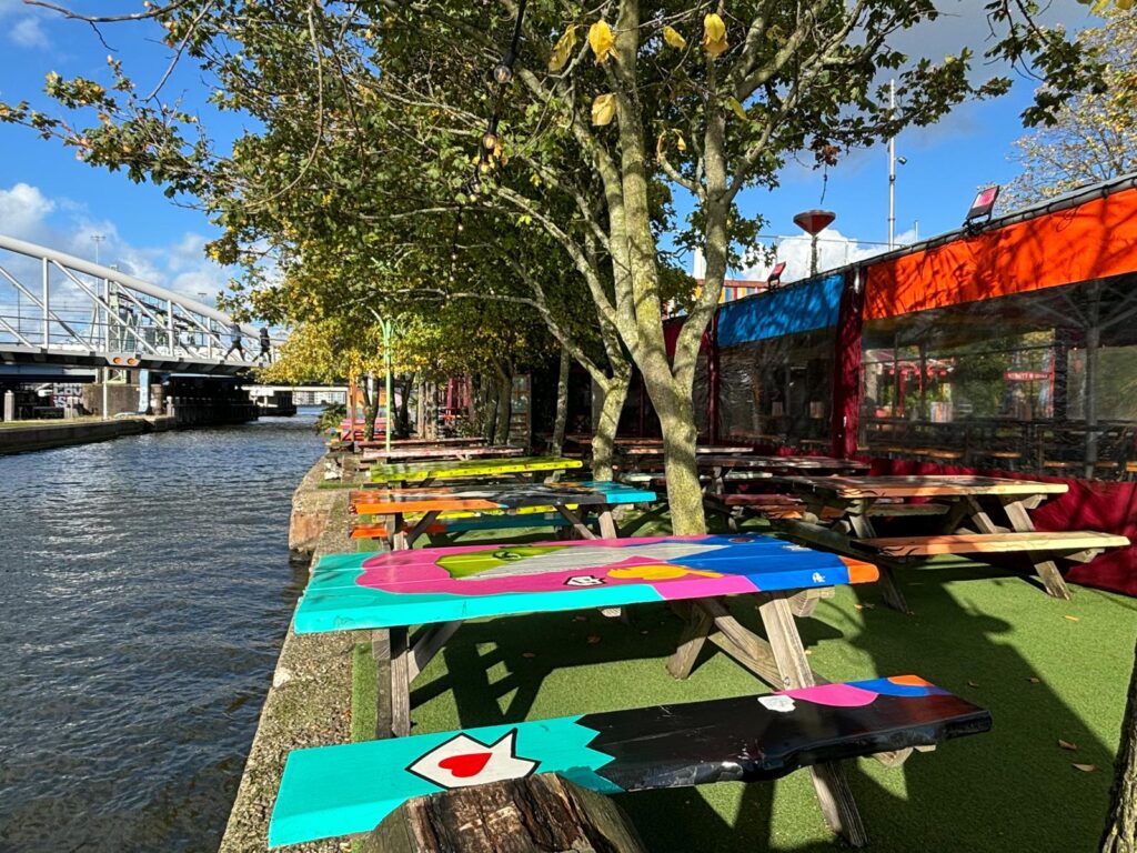 Outside terrace tables at Hannekes Boom Amsterdam Cafe in the harbour district