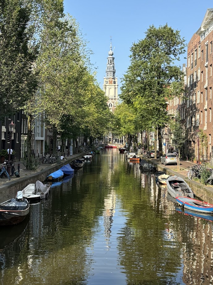 One of Amsterdam's best views, the tower of the Southern Church relfected in the water of the Groenburgwal