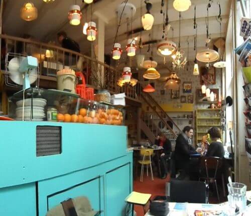 A quirky cafe in Amsterdam that has second hand retro objects for sale.